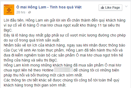 Lời xin lỗi của đơn vị kinh doanh Ô mai Hồng Lam tới các thực khách.